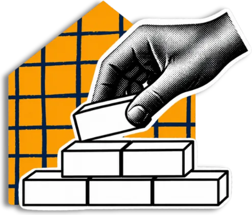 People System Build illustration — a hand laying bricks on a grid house