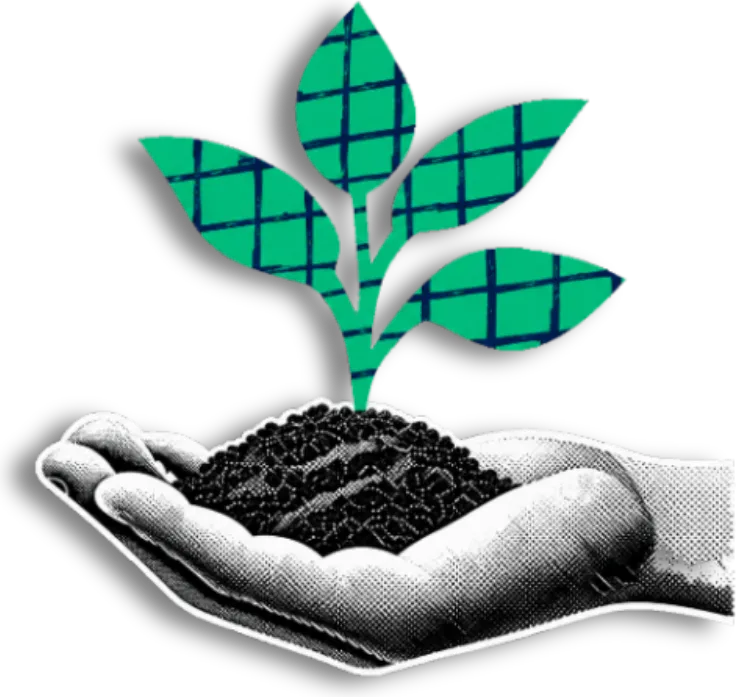 A halftone hand holding a seedling growing from soil