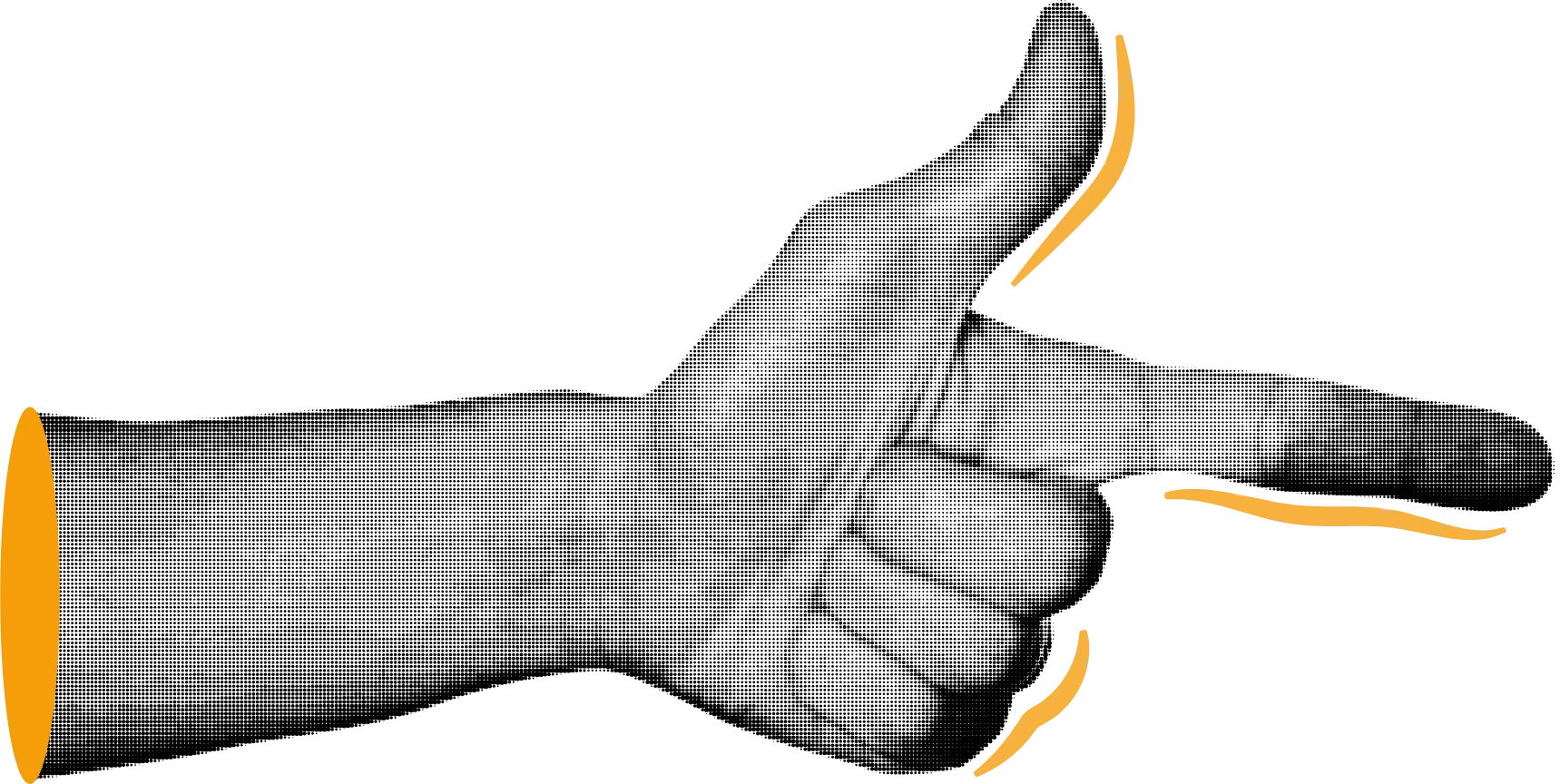 A halftone hand pointing, with amber accent strokes