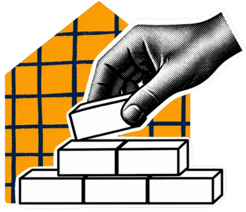 A halftone hand laying a brick on a part-built wall, in front of an amber grid-patterned house