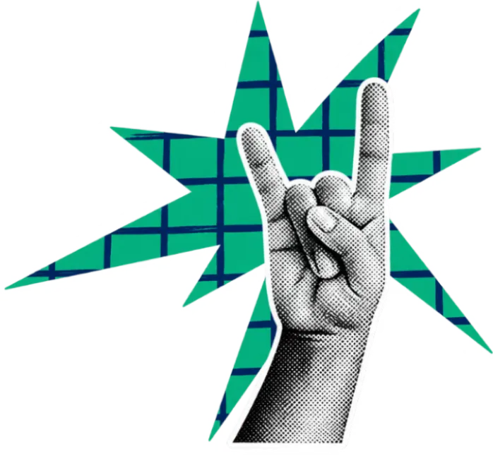 A hand making a rock-on gesture in front of a green halftone grid star