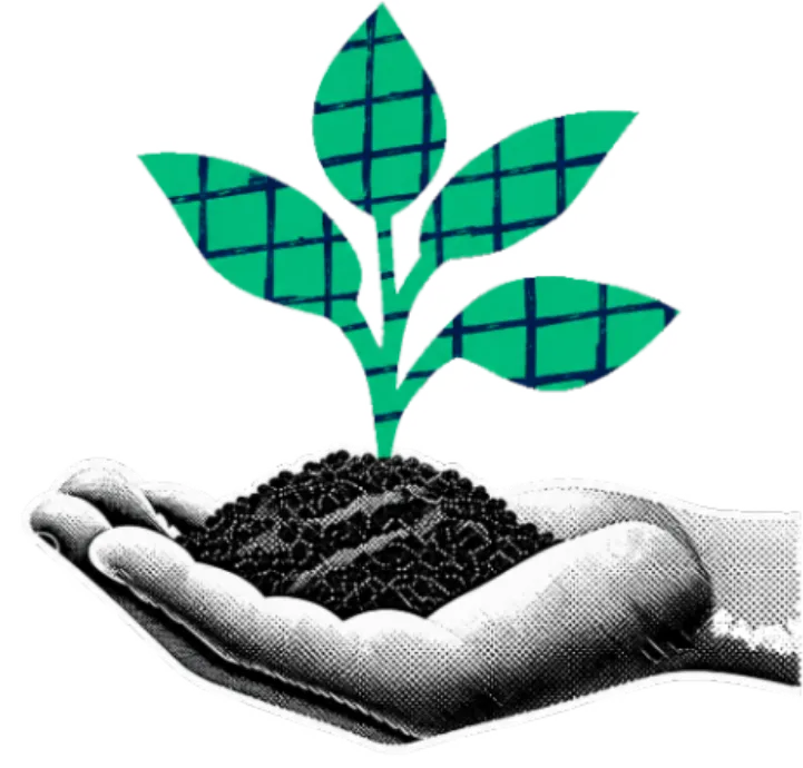 A halftone hand holding soil with a green grid-patterned seedling growing from it