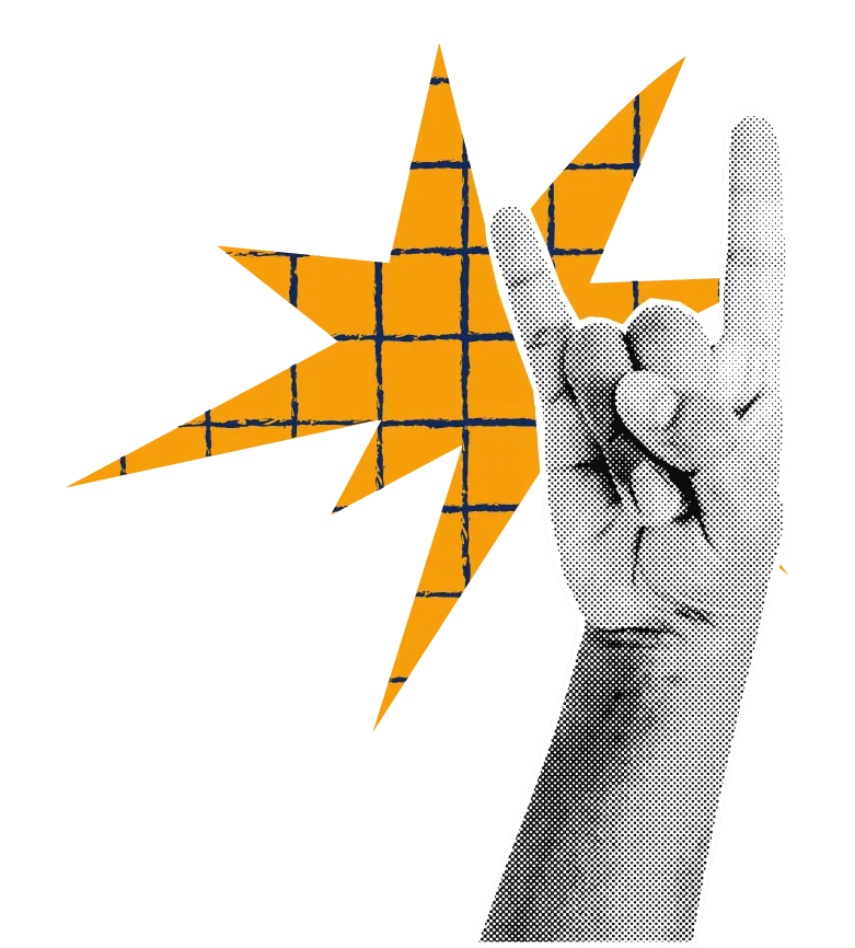 A hand making a rock-on gesture in front of a bold amber halftone star