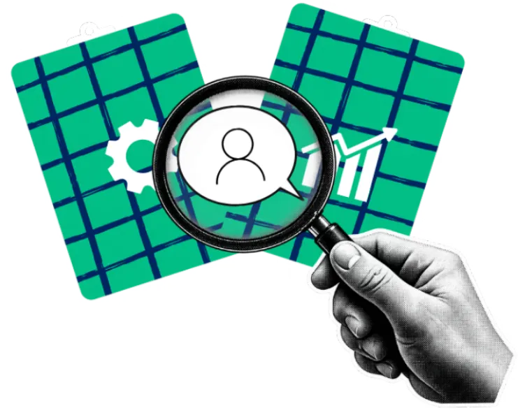 A halftone hand holding a magnifying glass over two green grid clipboards, revealing a person in a speech bubble