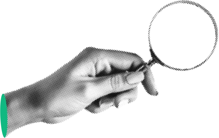 A halftone hand holding a magnifying glass, scrutinising the evidence behind the framework