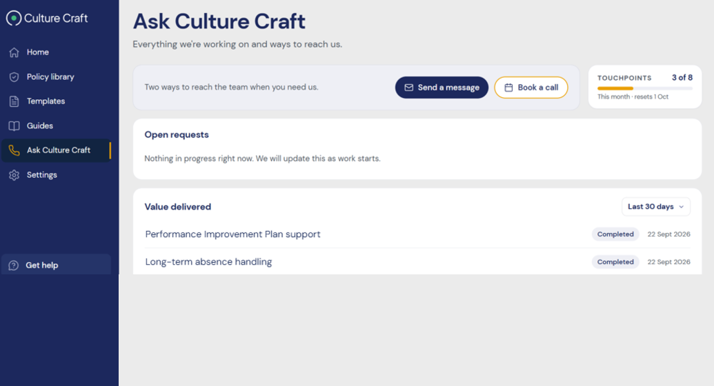 The Ask Culture Craft screen with sample data: send a message or book a call, with recent completed requests