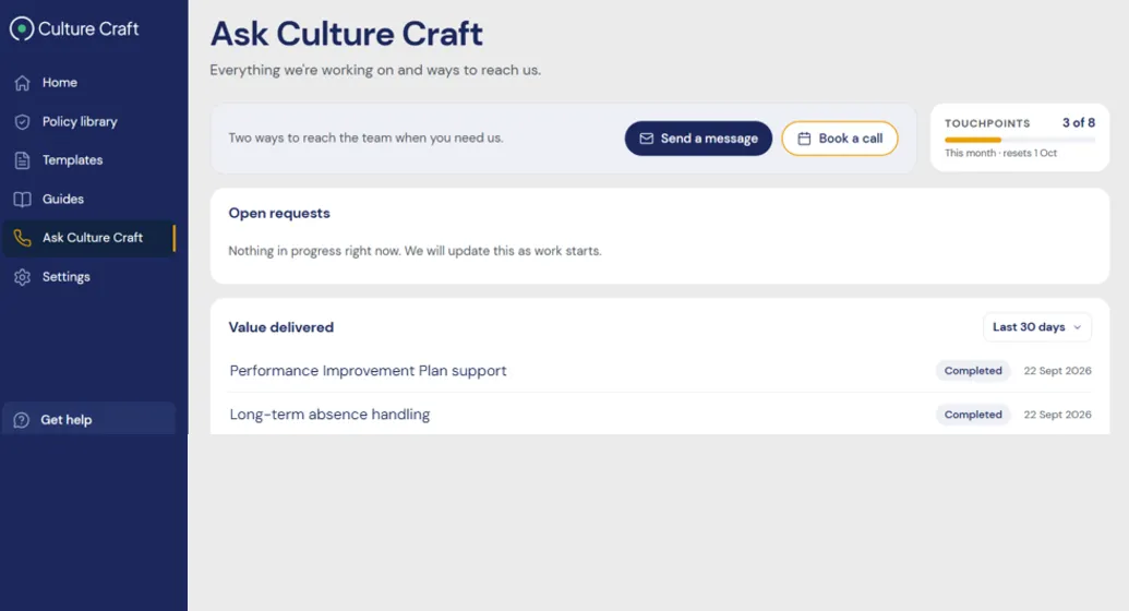 The Ask Culture Craft screen with sample data: send a message or book a call, with recent completed requests