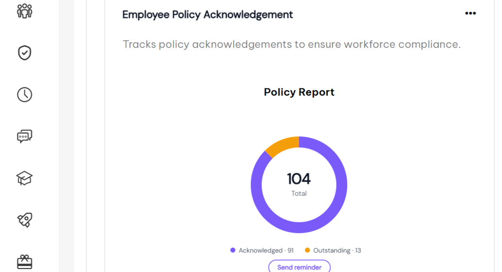 A sample Employment Hero employee policy acknowledgement report, with outstanding items and a send reminder action