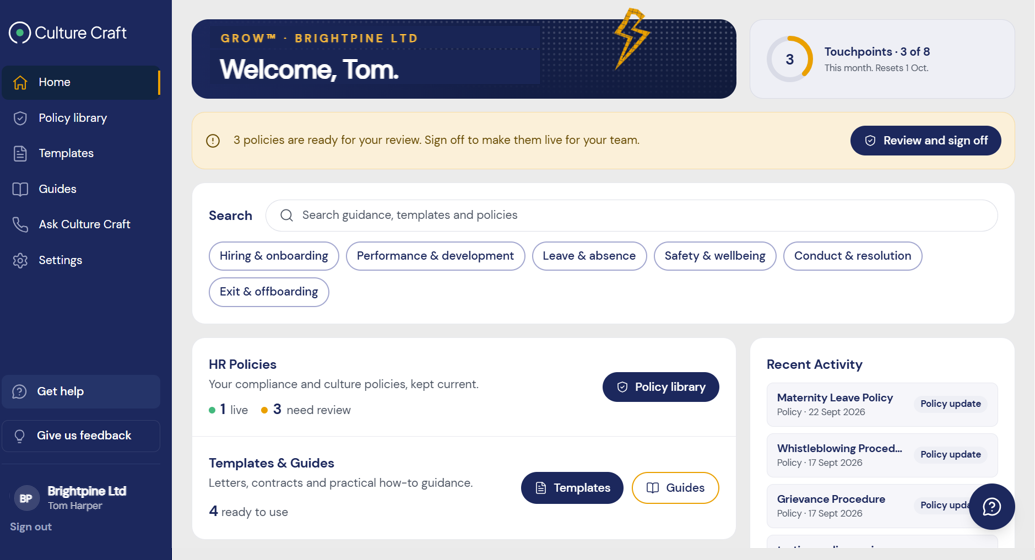 The Grow™ portal home with sample data: policies ready for review, templates and guides, and recent policy updates