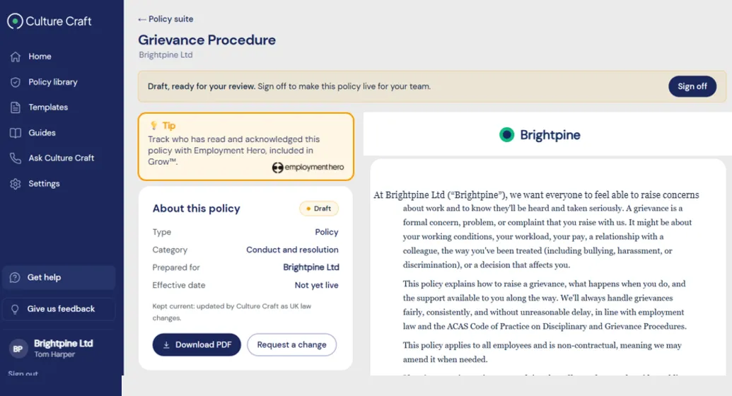 A sample branded Grievance Procedure policy in the Grow™ portal, ready for sign-off, with Employment Hero acknowledgement tracking