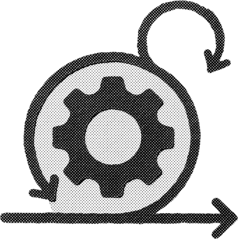A halftone agile sprint icon: a gear inside a looping sprint arrow
