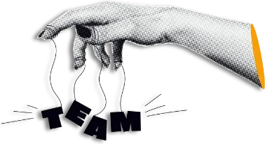 A halftone hand holding strings that spell the word TEAM